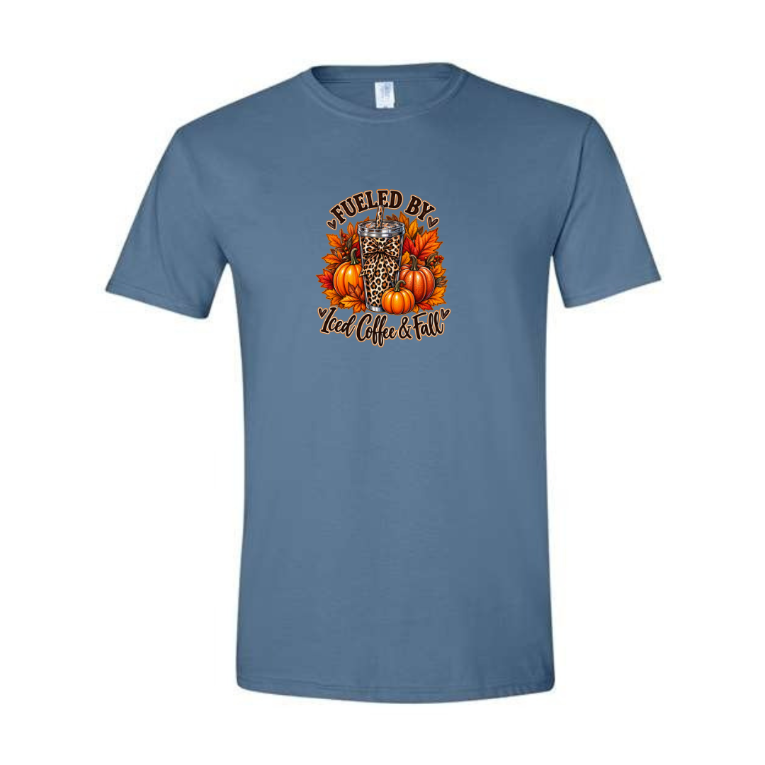 Fueled By Iced Coffee & Fall design on blue Softstyle tee