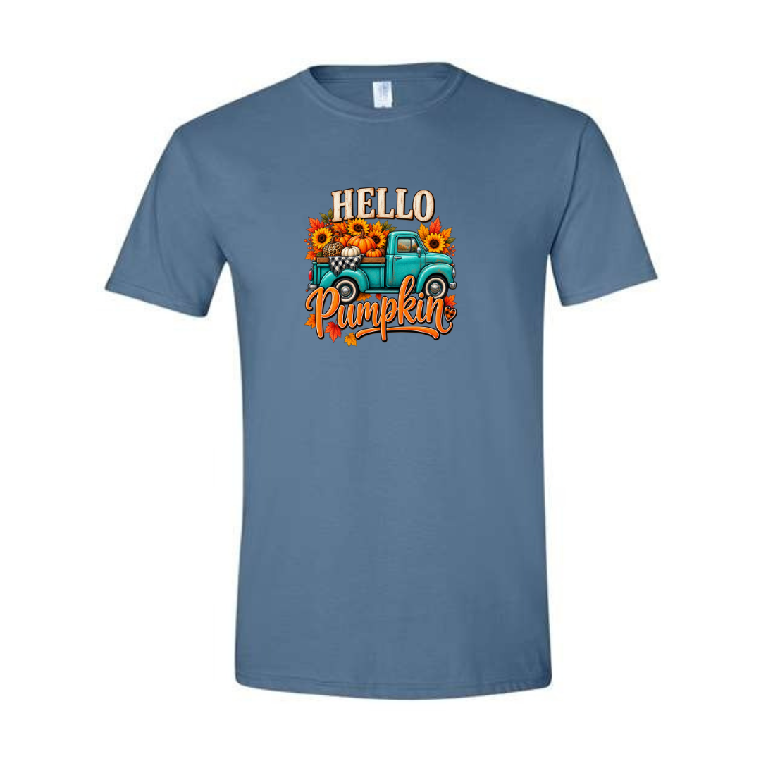 Hello Pumpkin Truck design on blue Softstyle tee