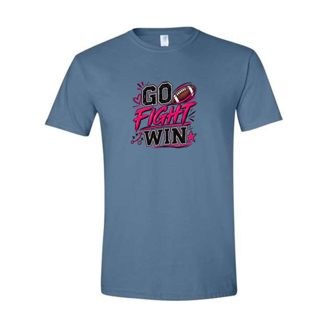 Go Fight Win design on blue Softstyle tee