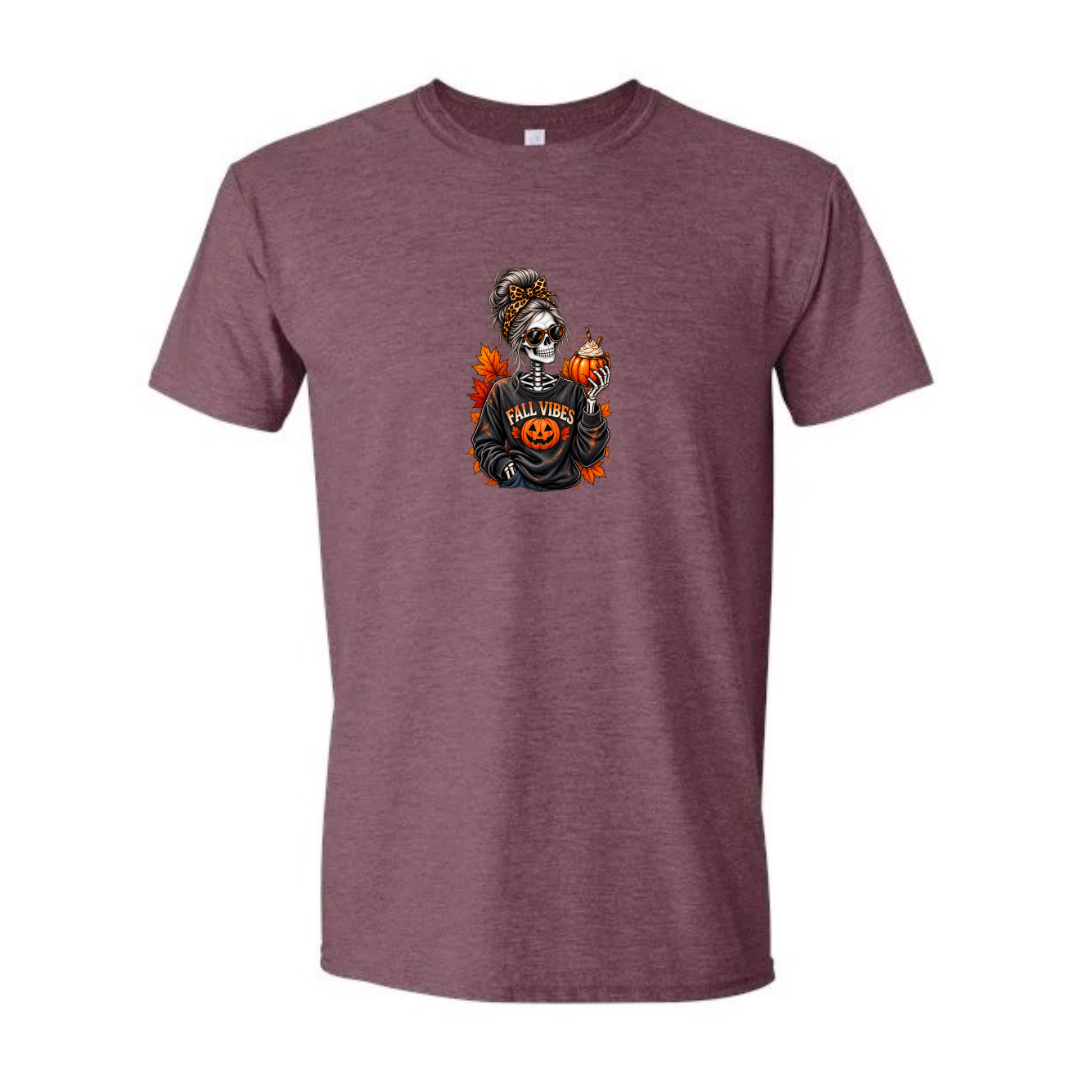 Fall Vibes Skeleton design on maroon Softstyle tee