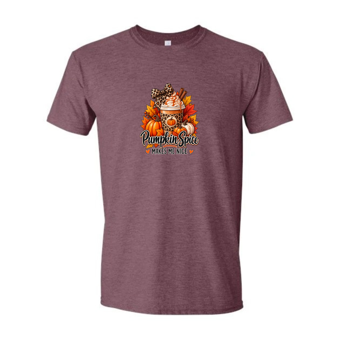 Pumpkin Spice Makes Me Nice design on maroon Softstyle tee