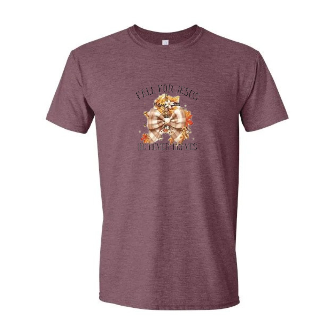 Fall For Jesus He Never Leaves design on maroon Softstyle tee