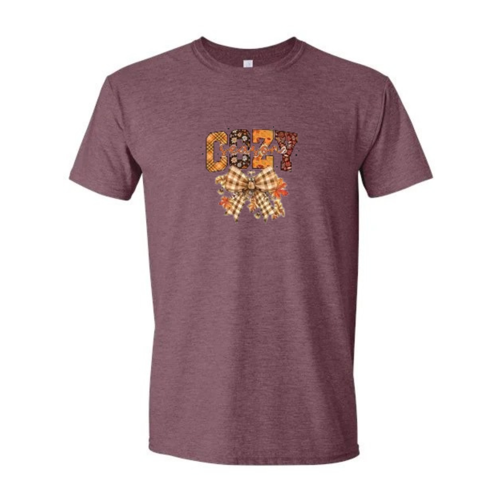 Cozy Season design on maroon Softstyle tee
