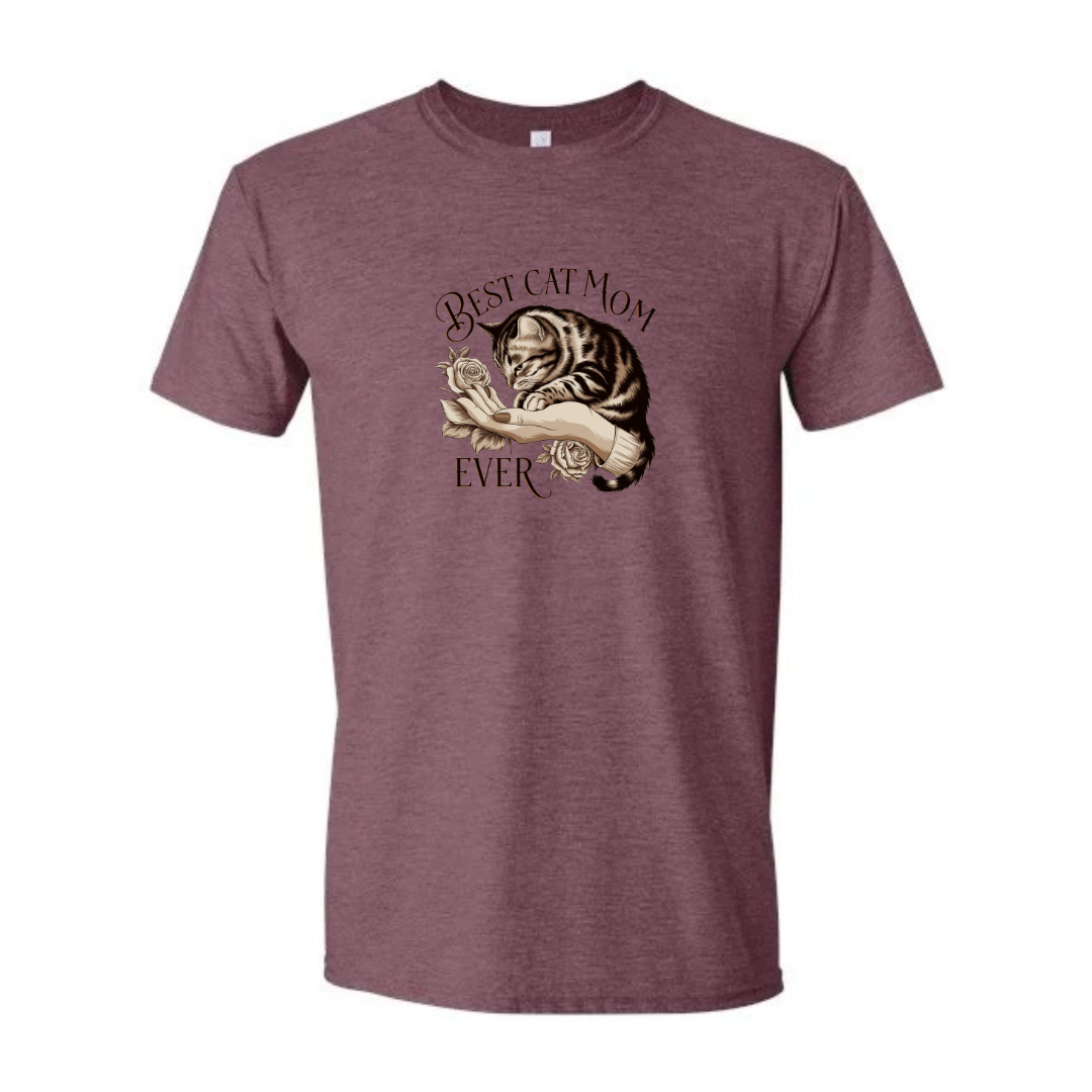 Best Cat Mom Ever design on maroon Softstyle tee