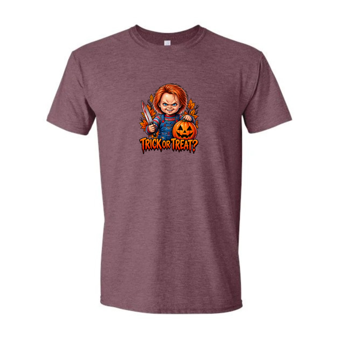 Trick Or Treat design on maroon Softstyle tee