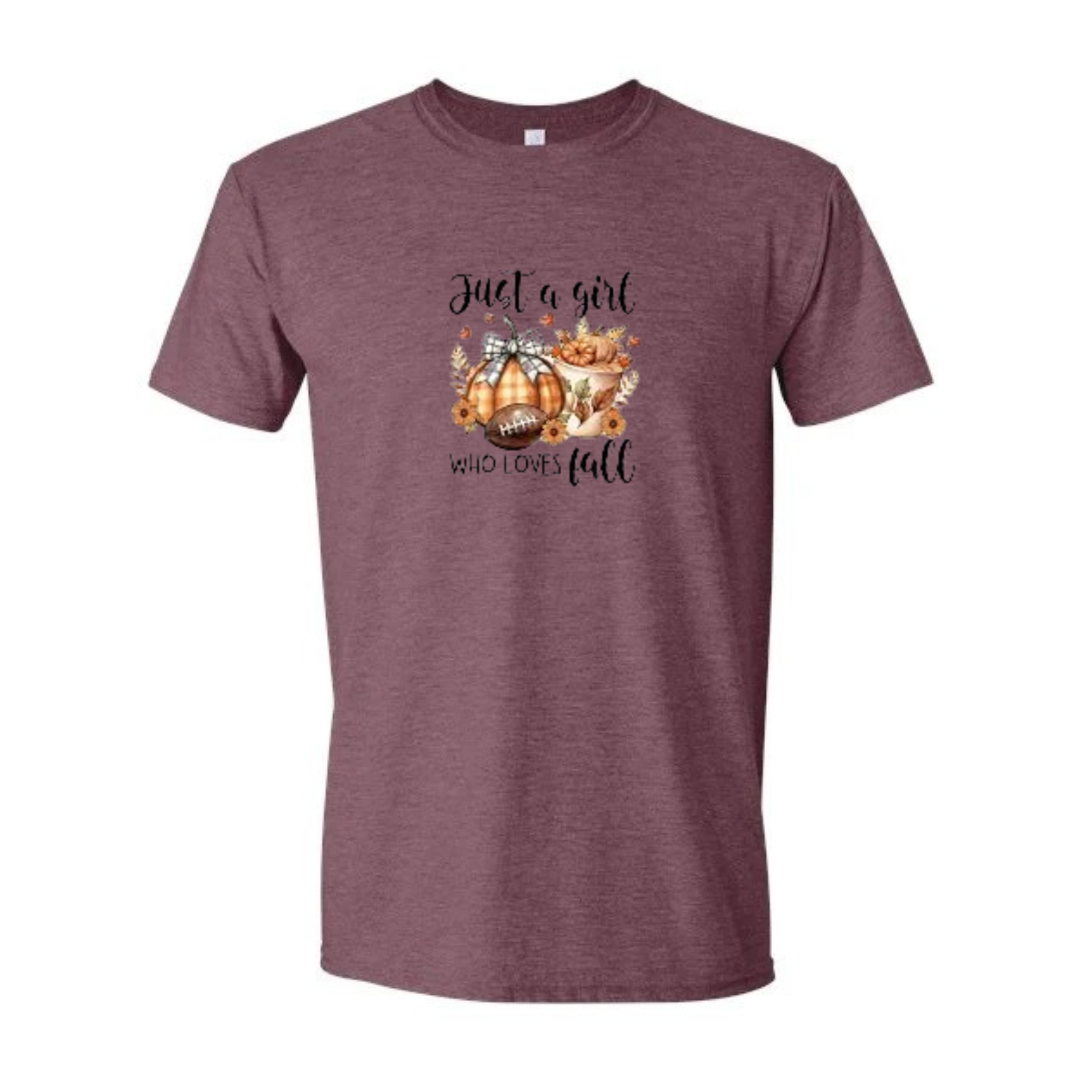 Just A Girl Who Loves Fall design on maroon Softstyle tee