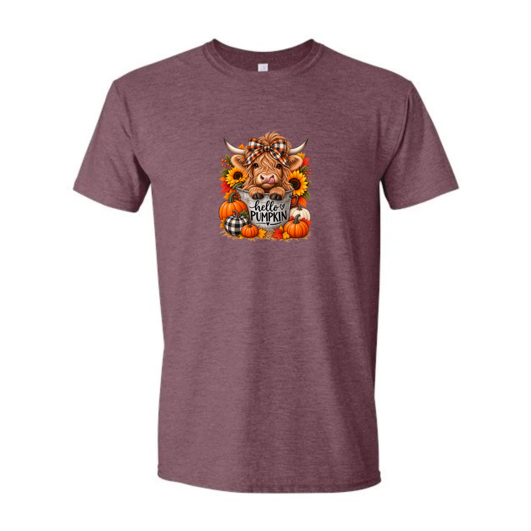 Hello Pumpkin Highland Cow design on maroon Softstyle tee