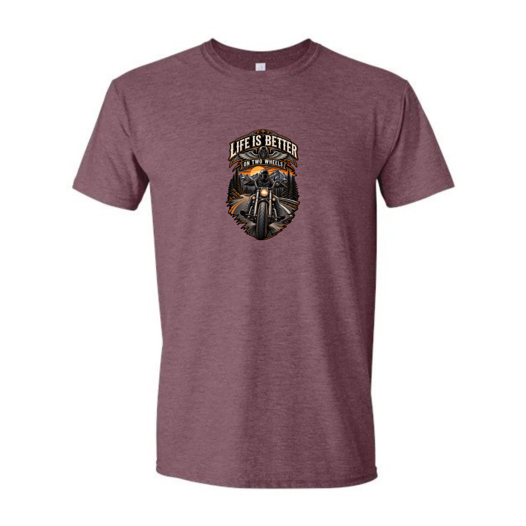 Life Is Better On Two Wheels design on maroon Softstyle tee