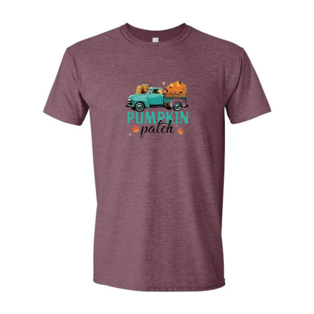 Pumpkin Patch design on maroon Softstyle tee