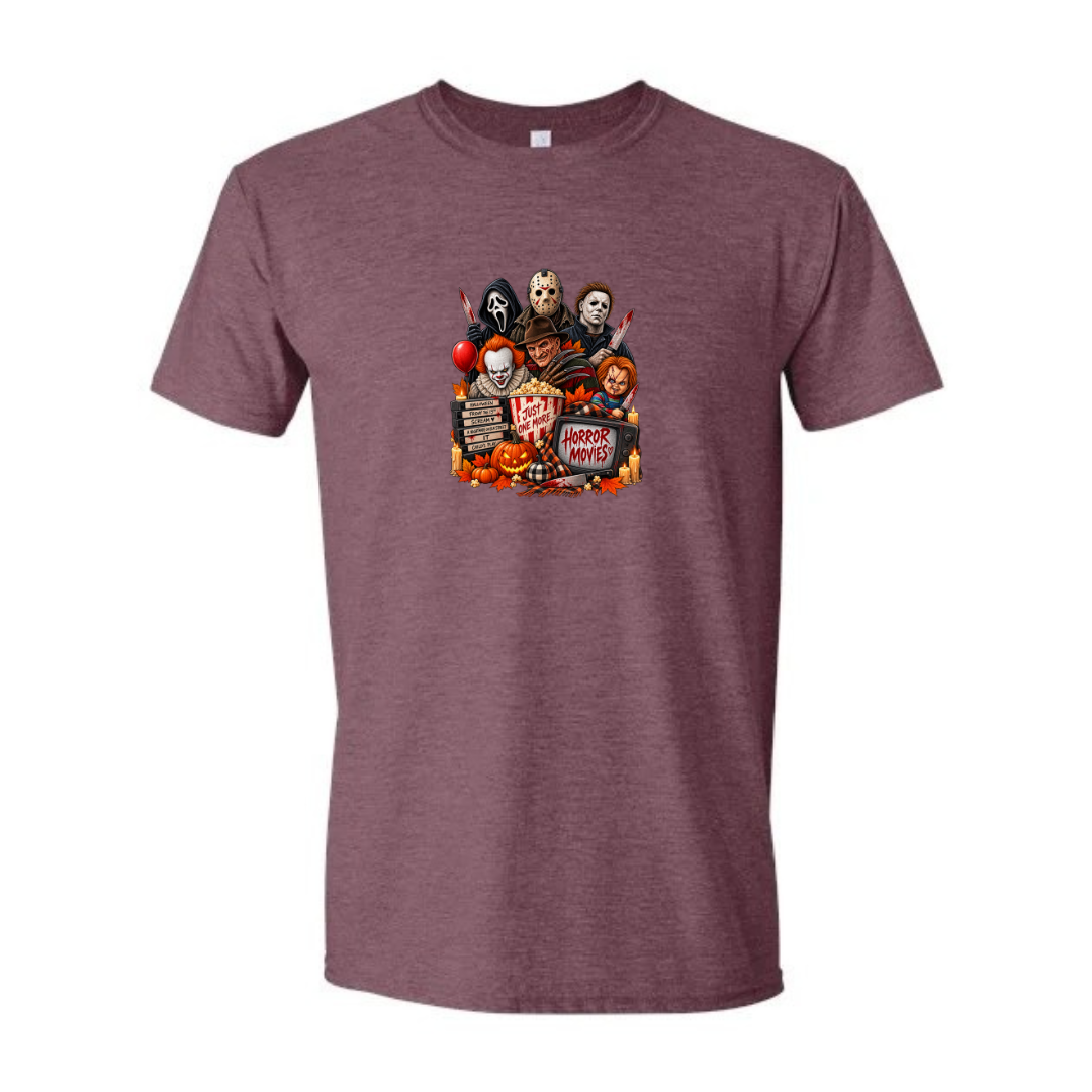 Just One More Horror Movie design on maroon Softstyle tee