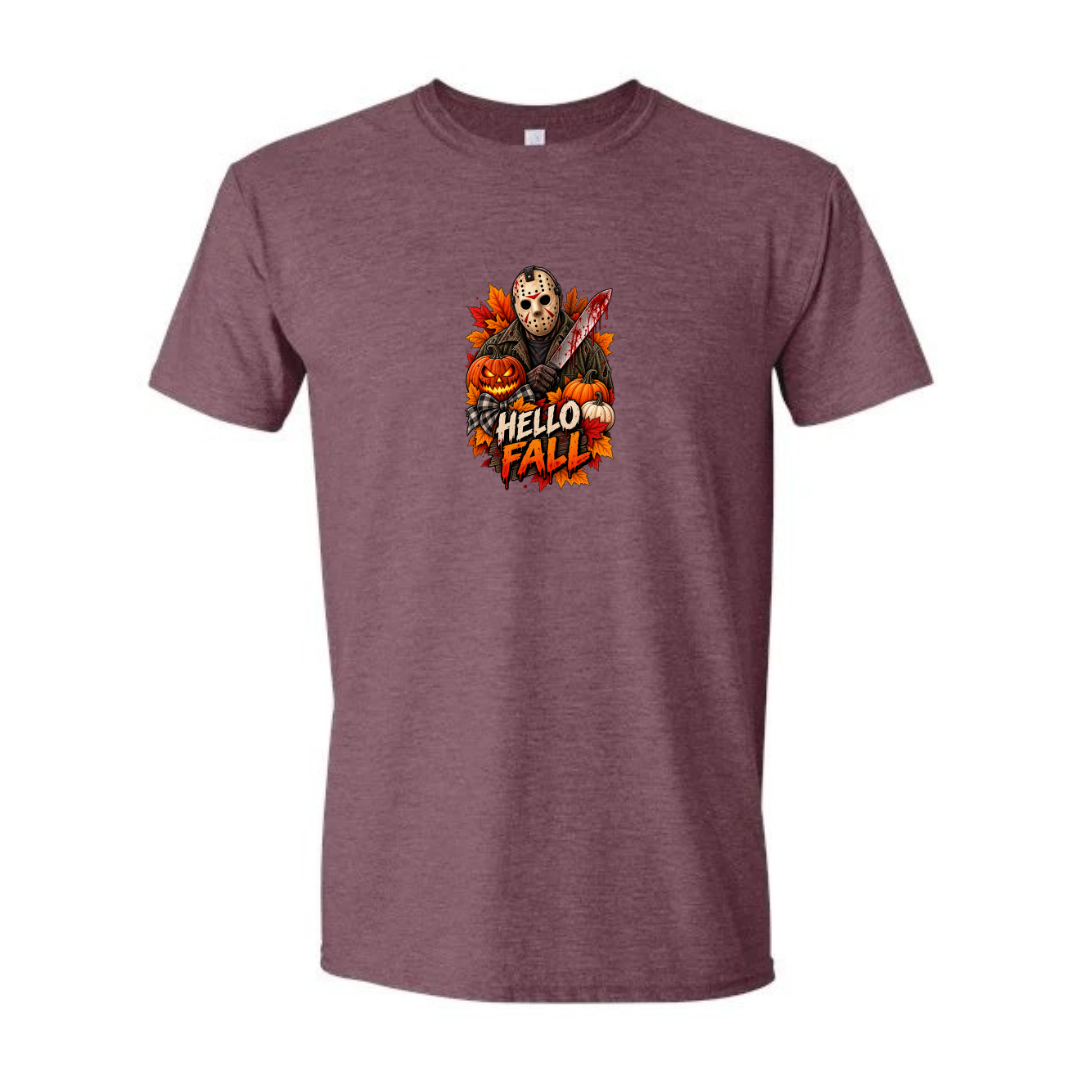Hello Fall design on maroon Softstyle tee