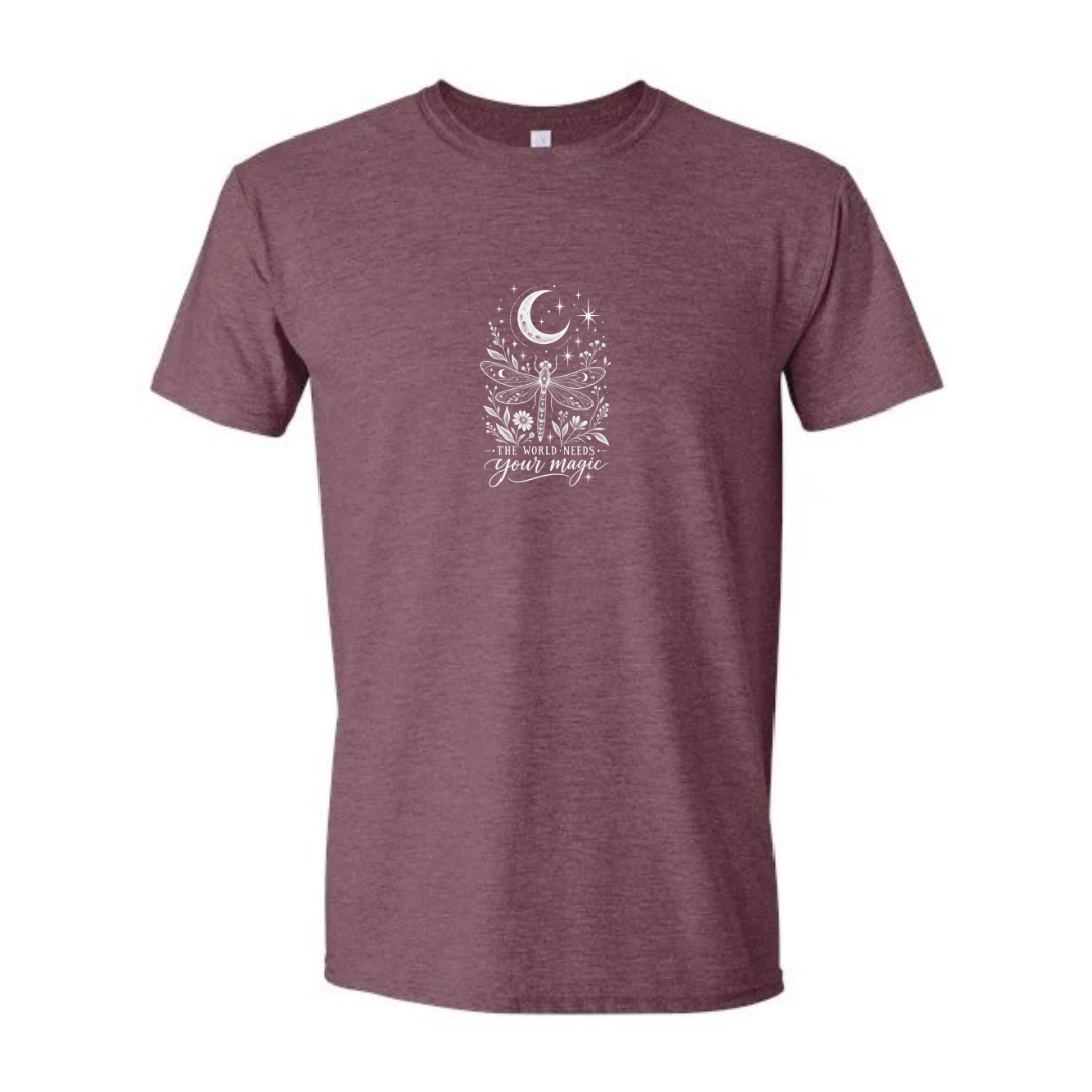 The World Needs Your Magic design on maroon Softstyle tee