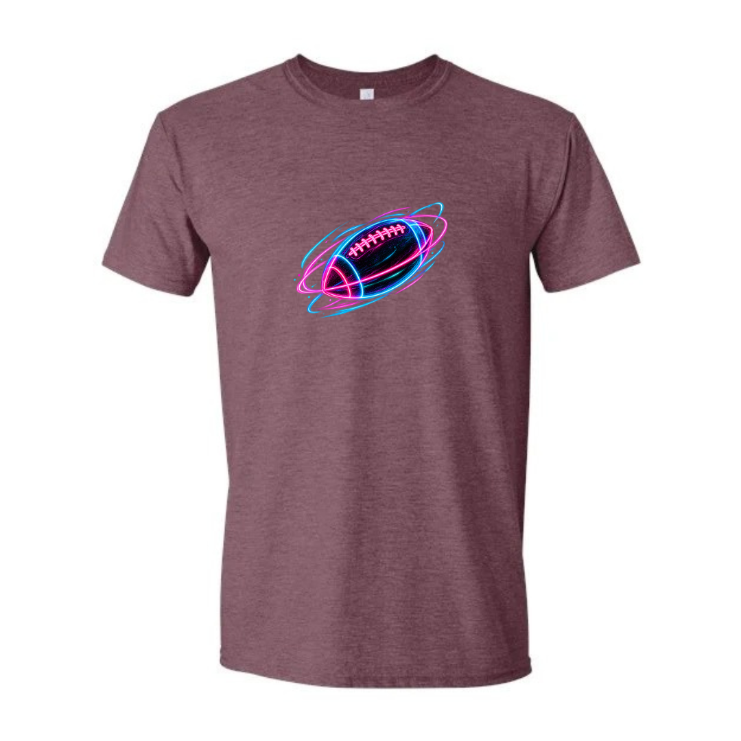 Neon Football design on maroon Softstyle tee