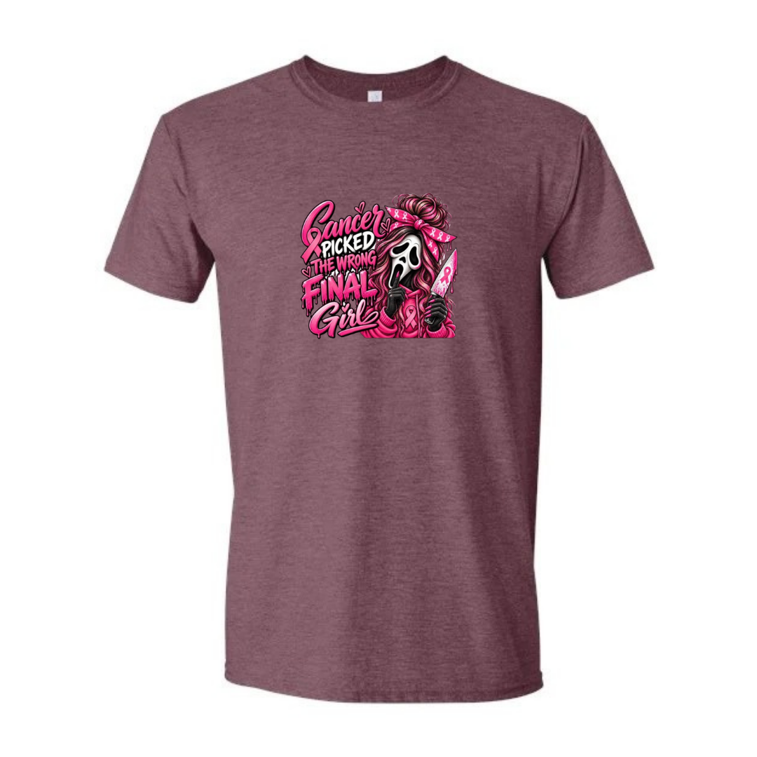Cancer Picked The Wrong Final Girl design on maroon Softstyle tee