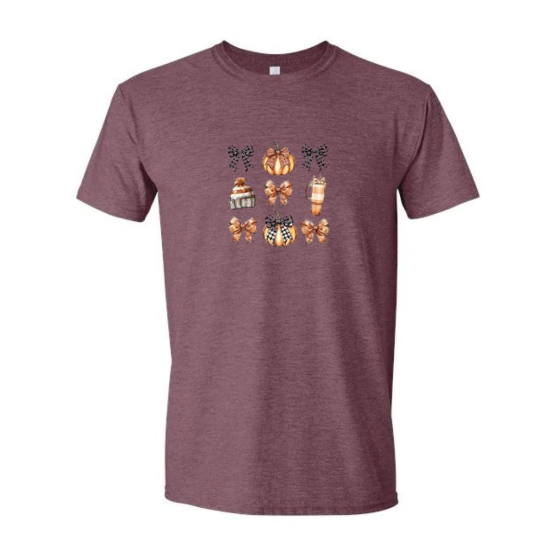 Cozy Bows and Brews design on maroon Softstyle tee