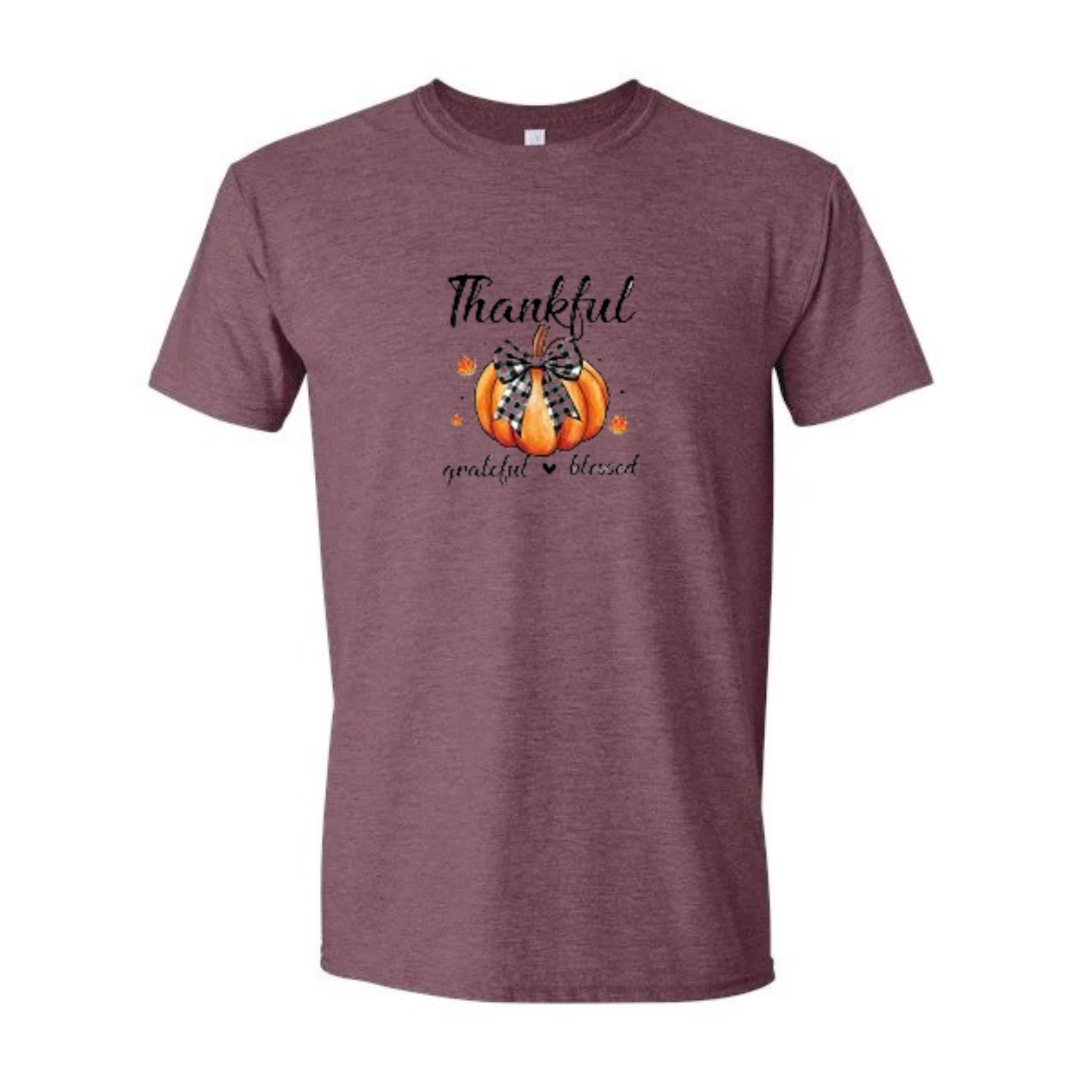 Thankful Grateful Blessed design on maroon Softstyle tee