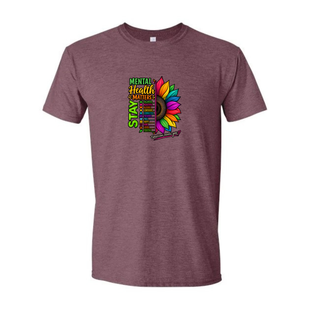 Mental Health Matters — Rainbow Sunflower design on maroon Softstyle tee