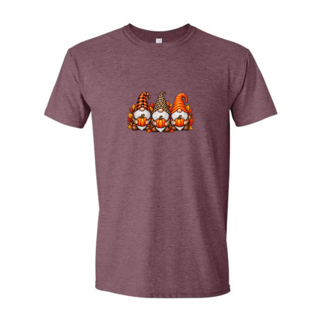 Fall Gnomes design on maroon Softstyle tee
