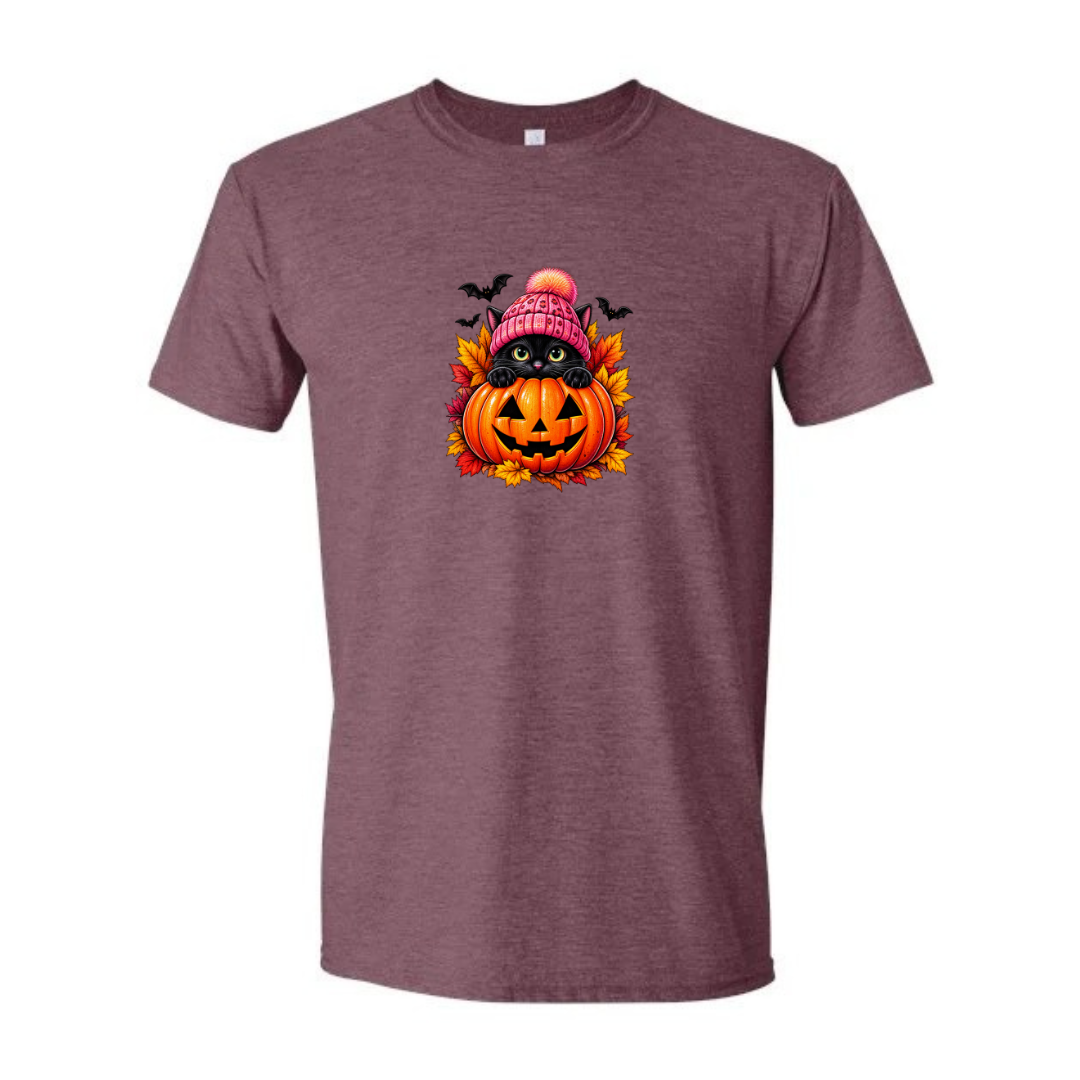 Black Cat Jack-O-Lantern design on maroon Softstyle tee