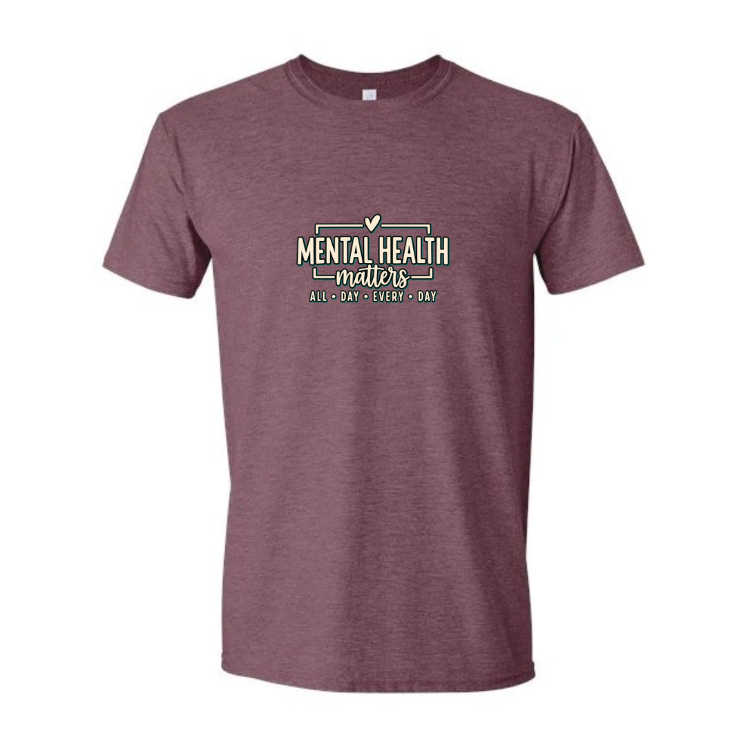 Mental Health Matters All Day Every Day design on maroon Softstyle tee