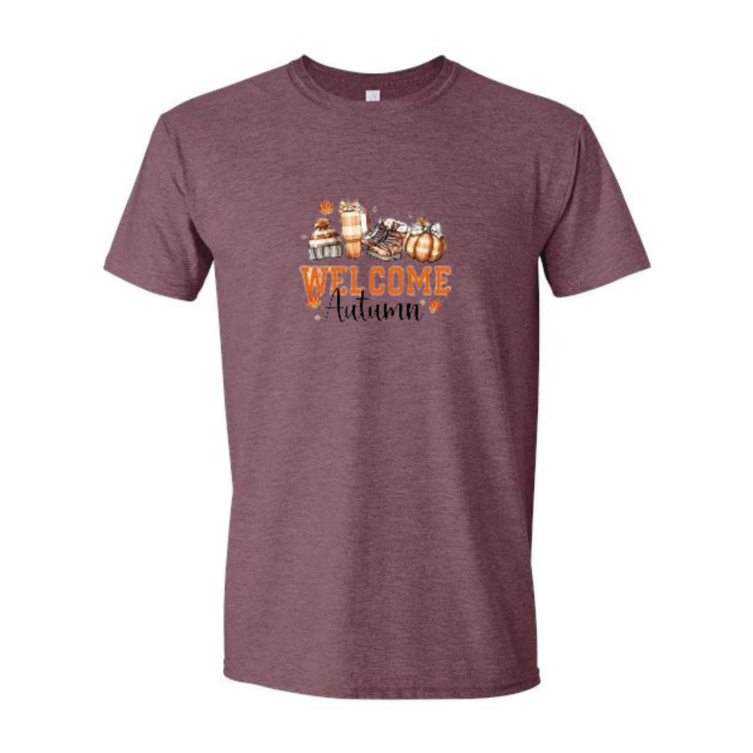 Welcome Autumn design on maroon Softstyle tee