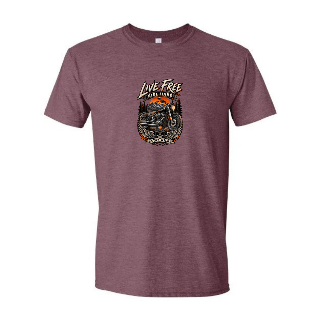 Live Free Ride Hard design on maroon Softstyle tee