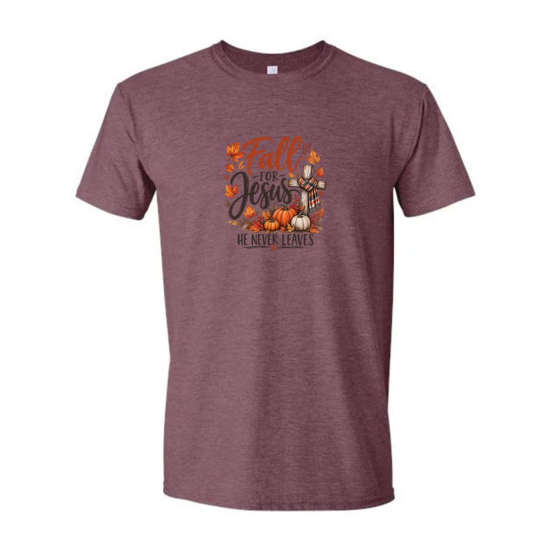Fall For Jesus He Never Leaves — Watercolor design on maroon Softstyle tee