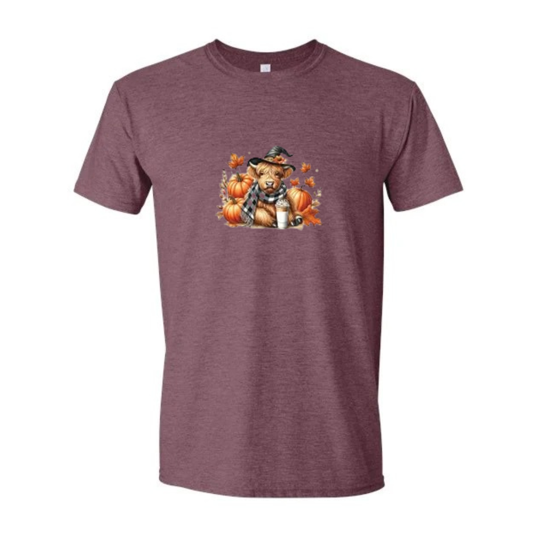Cozy Highland Cow design on maroon Softstyle tee