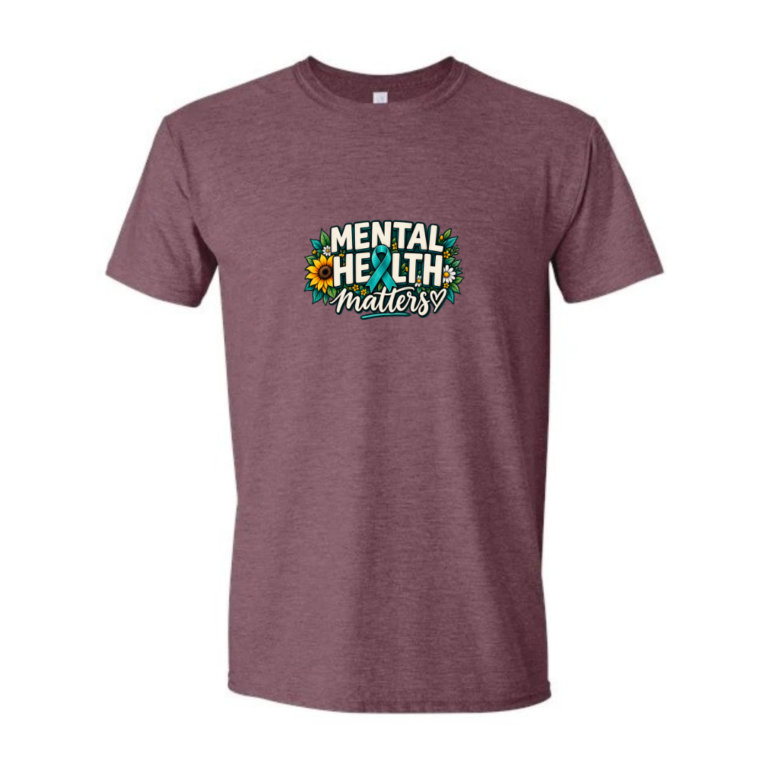 Mental Health Matters — Teal Ribbon design on maroon Softstyle tee