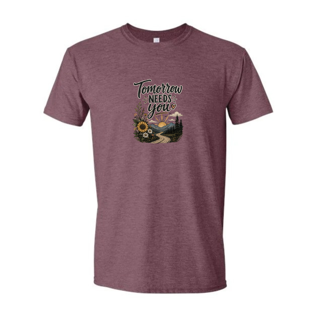 Tomorrow Needs You design on maroon Softstyle tee