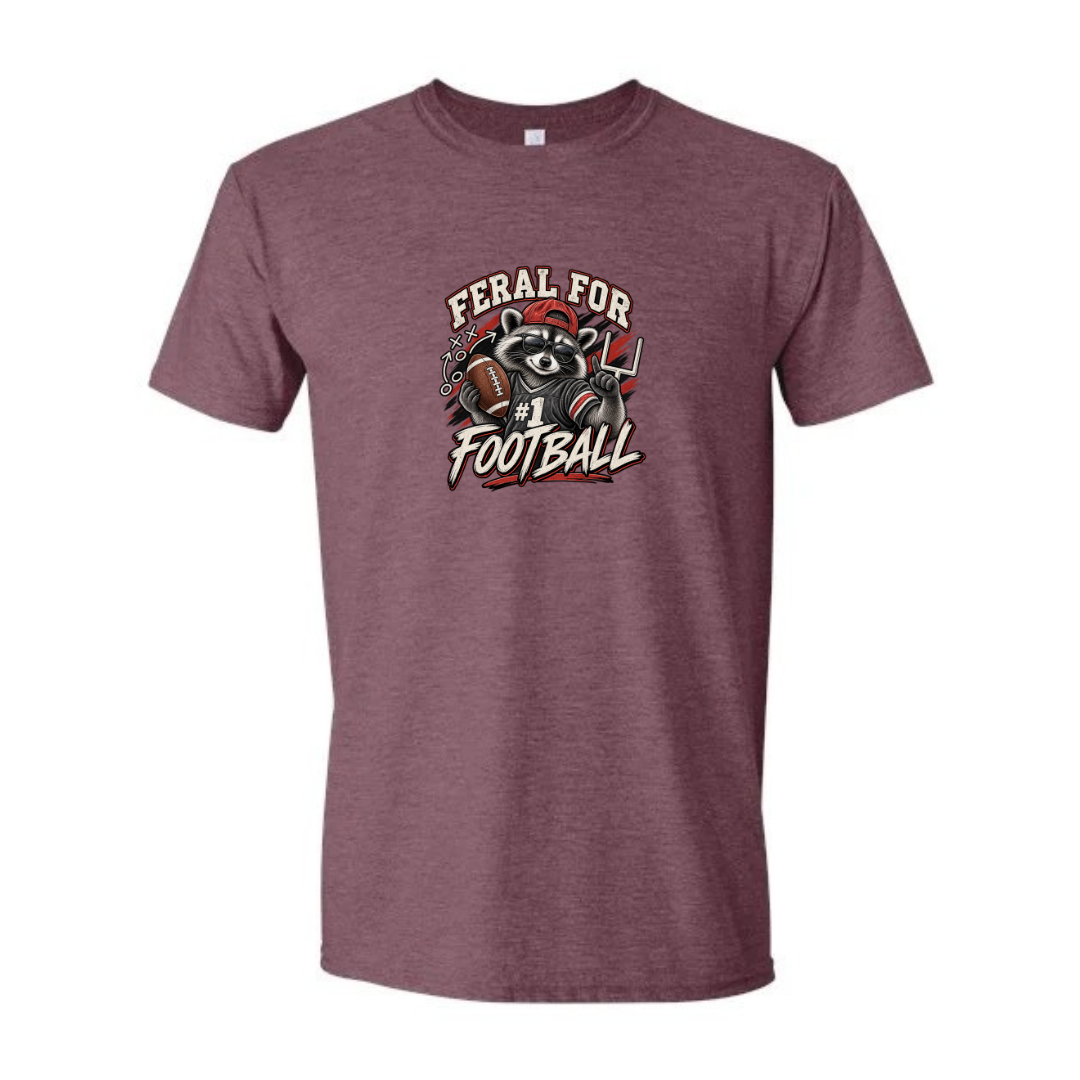 Feral For Football — Varsity Red design on maroon Softstyle tee