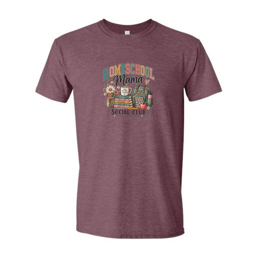 Homeschool Mama Social Club design on maroon Softstyle tee