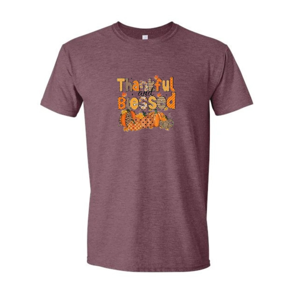 Thankful And Blessed design on maroon Softstyle tee