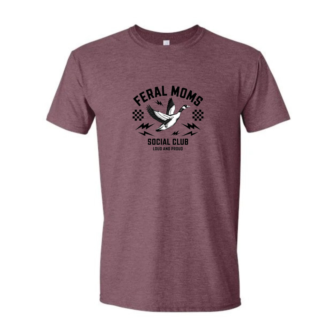 Feral Moms Social Club design on maroon Softstyle tee
