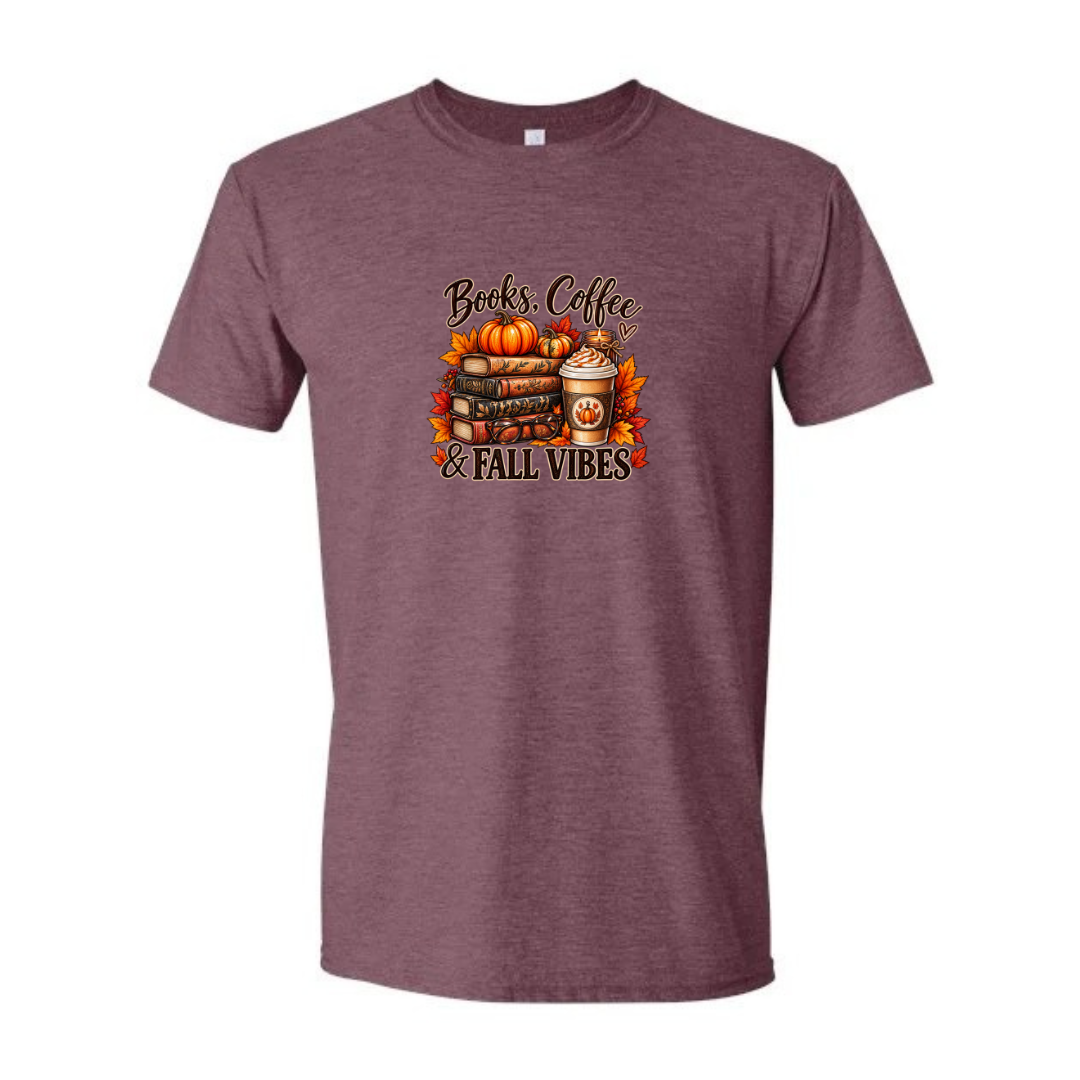 Books Coffee & Fall Vibes design on maroon Softstyle tee