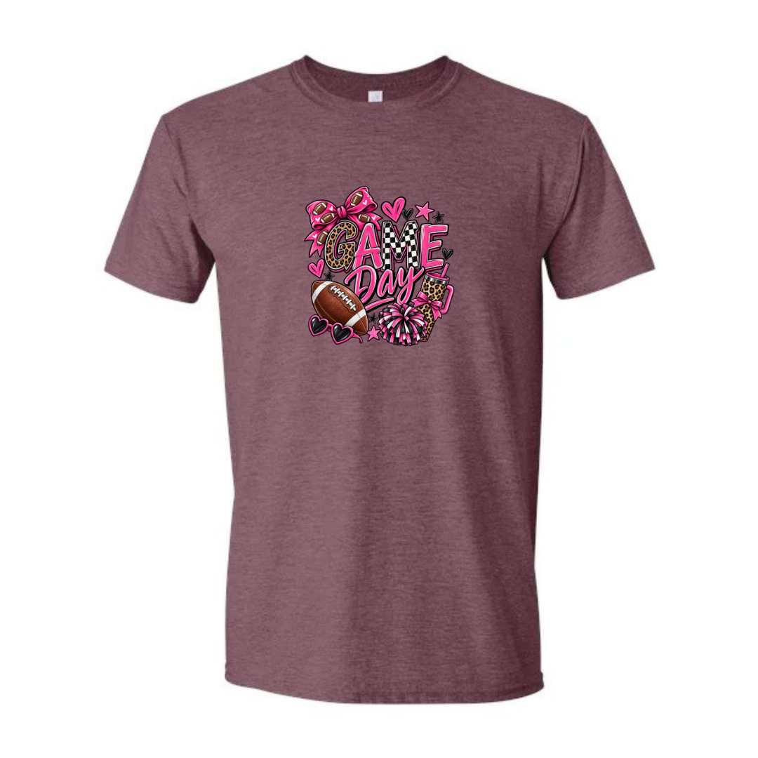 Game Day — Pink Leopard design on maroon Softstyle tee