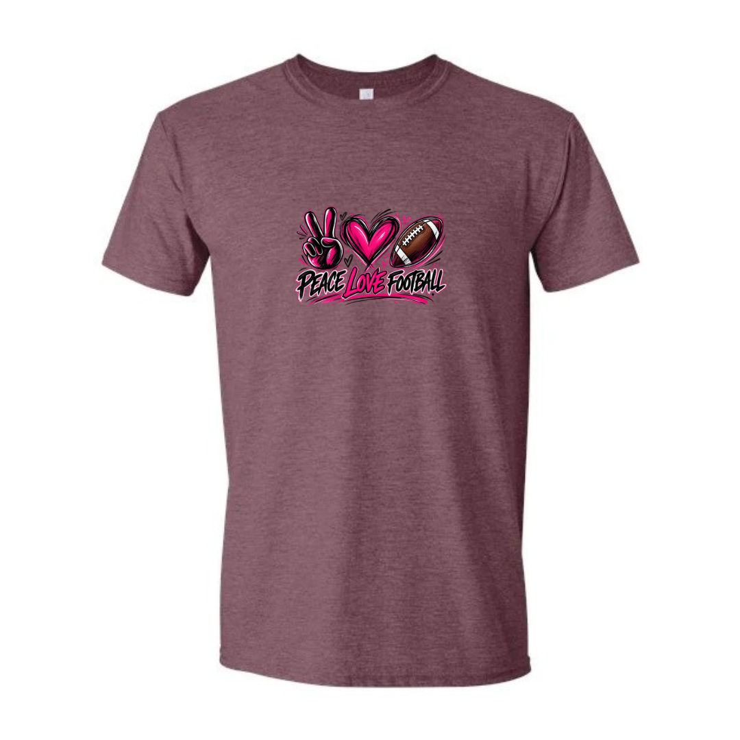 Peace Love Football design on maroon Softstyle tee