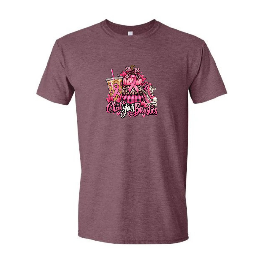 Check Your Breasties design on maroon Softstyle tee