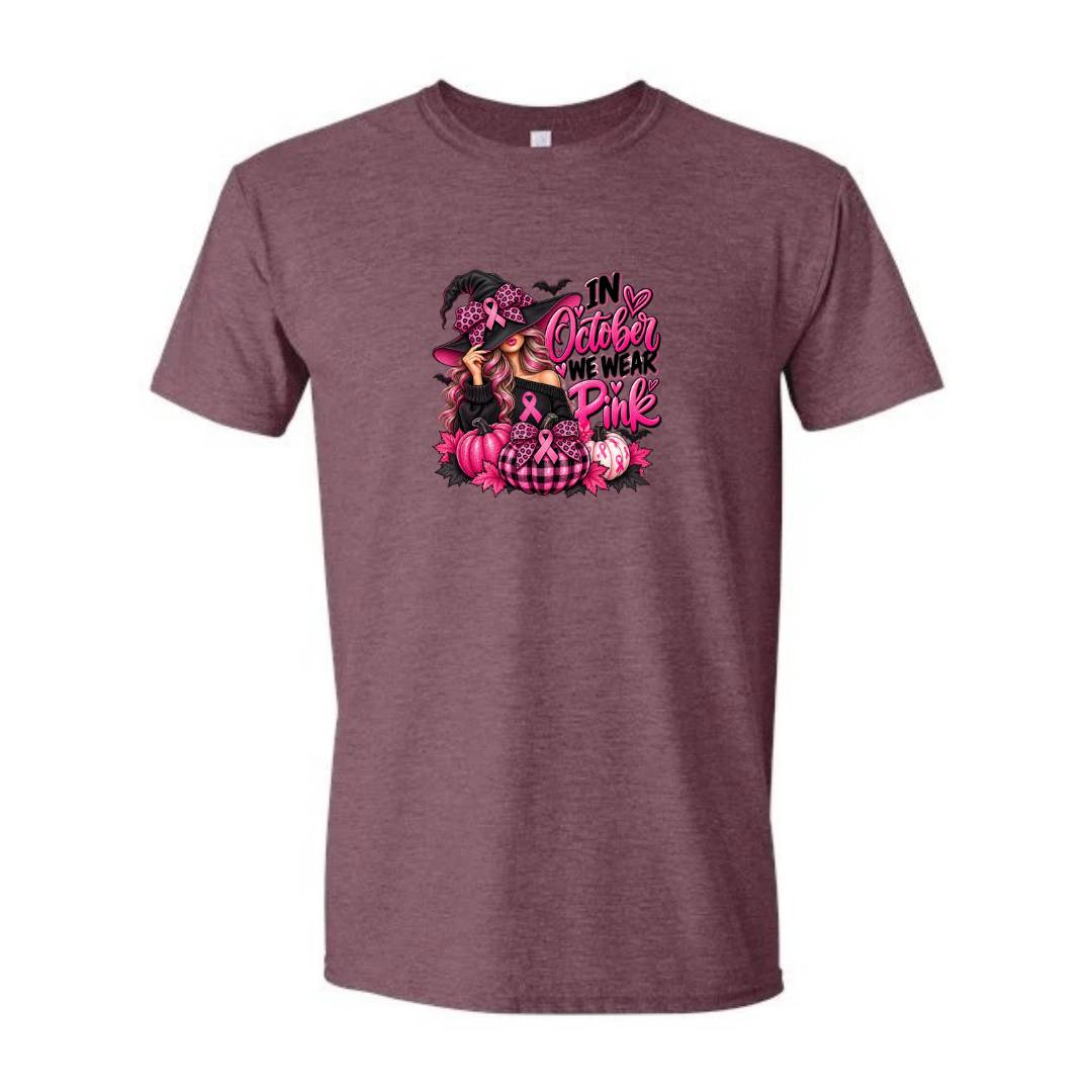 In October We Wear Pink — Witch Hat design on maroon Softstyle tee