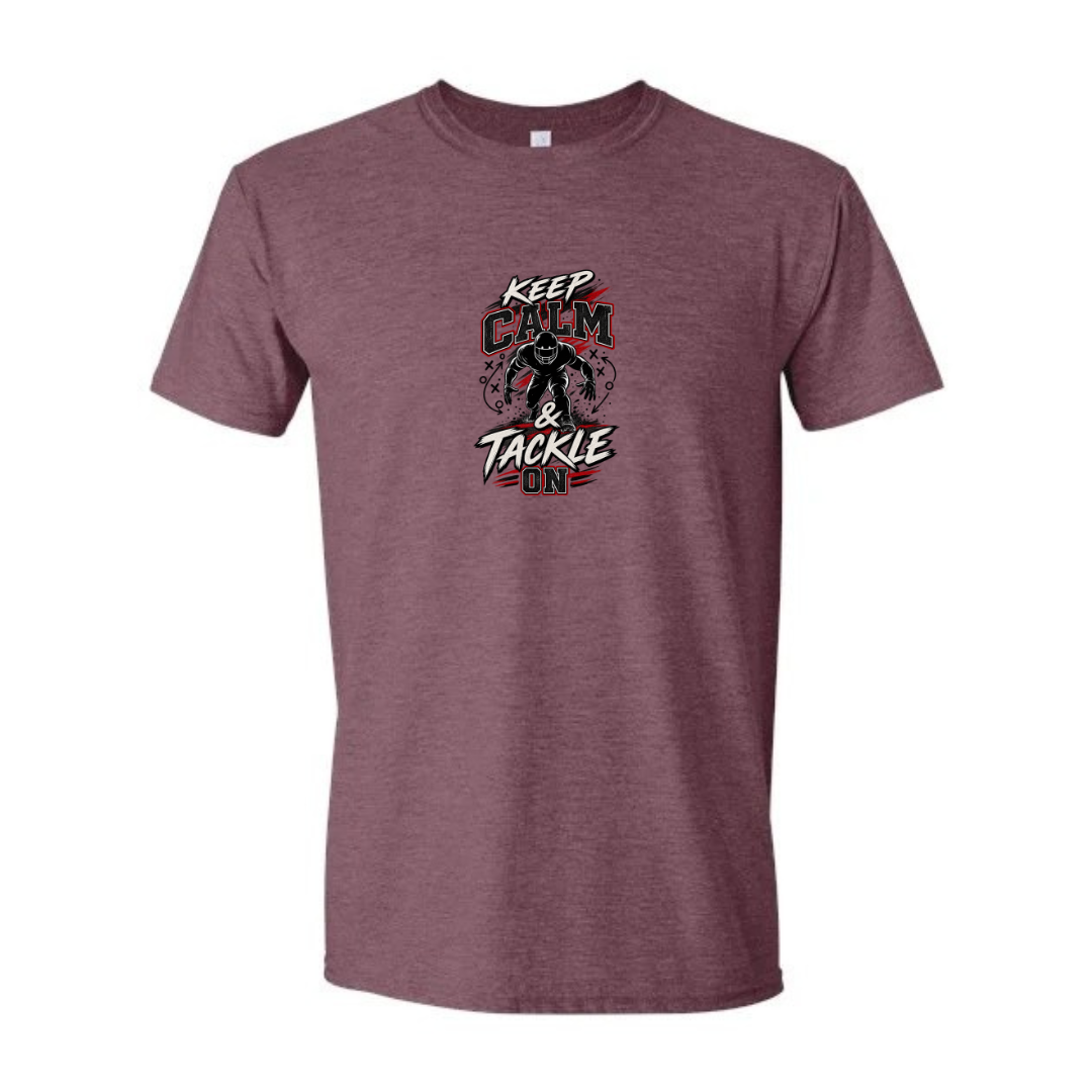 Keep Calm And Tackle On design on maroon Softstyle tee