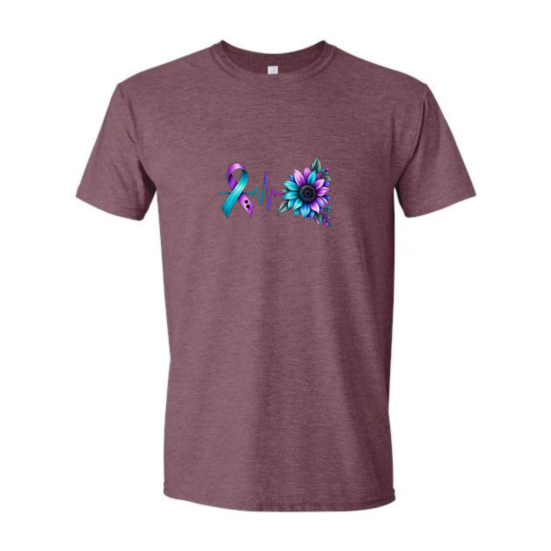 Suicide Prevention Ribbon Sunflower design on maroon Softstyle tee