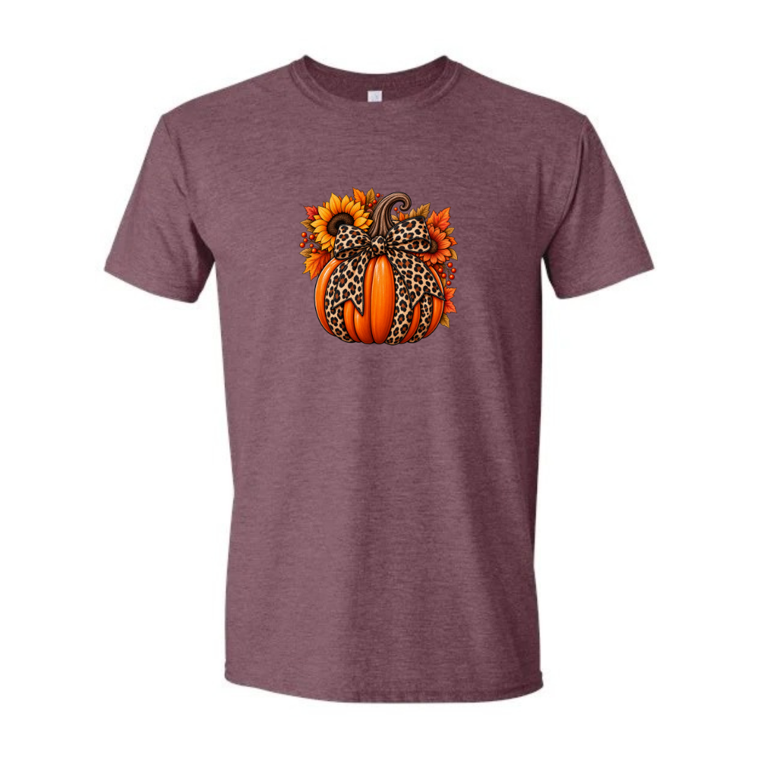 Leopard Pumpkin With Bow design on maroon Softstyle tee