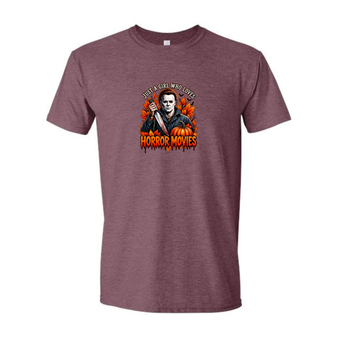 Just A Girl Who Loves Horror Movies design on maroon Softstyle tee