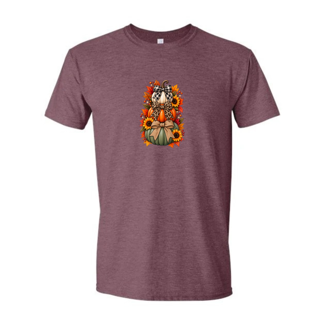 Stacked Pumpkins With Bows design on maroon Softstyle tee
