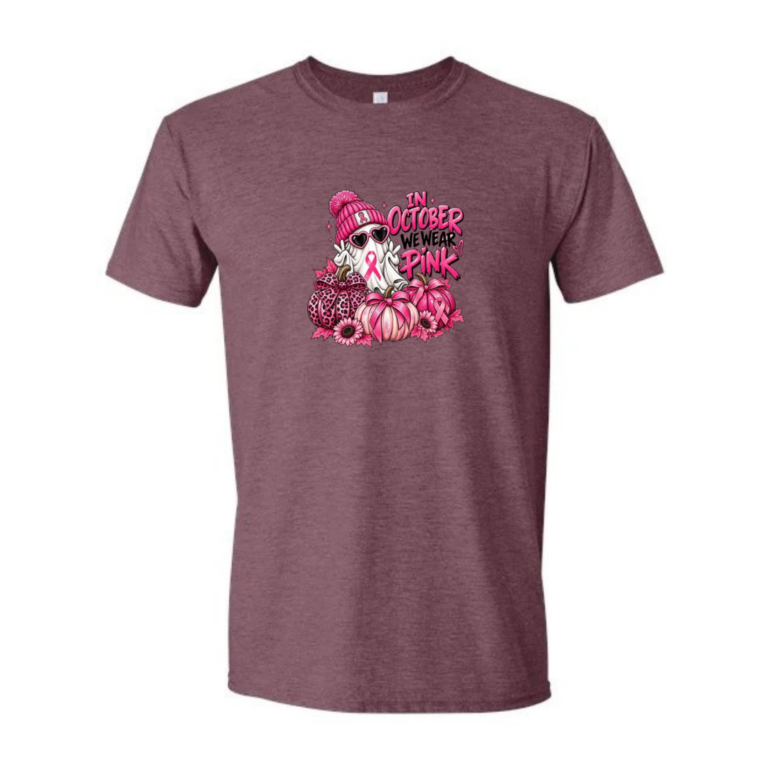 In October We Wear Pink — Ghost design on maroon Softstyle tee
