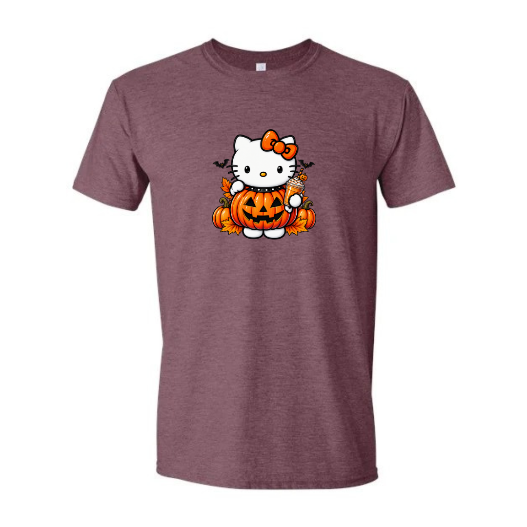 Kitty Pumpkin Latte design on maroon Softstyle tee