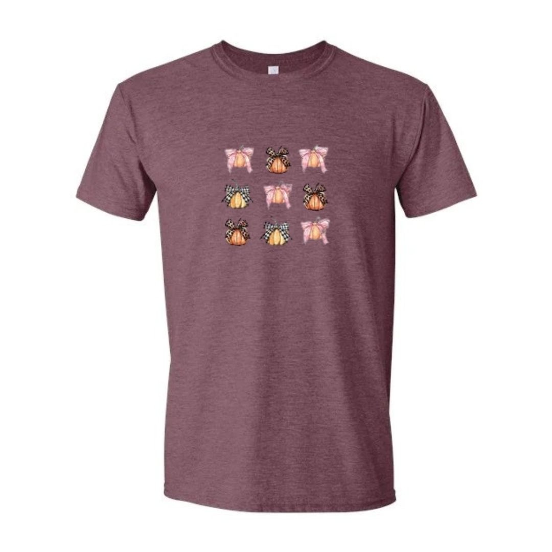 Coquette Pumpkin Bows design on maroon Softstyle tee