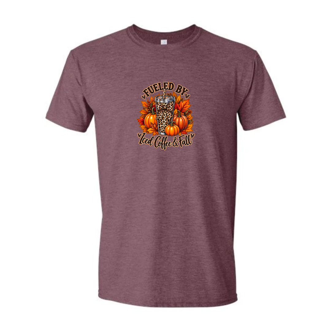 Fueled By Iced Coffee & Fall design on maroon Softstyle tee