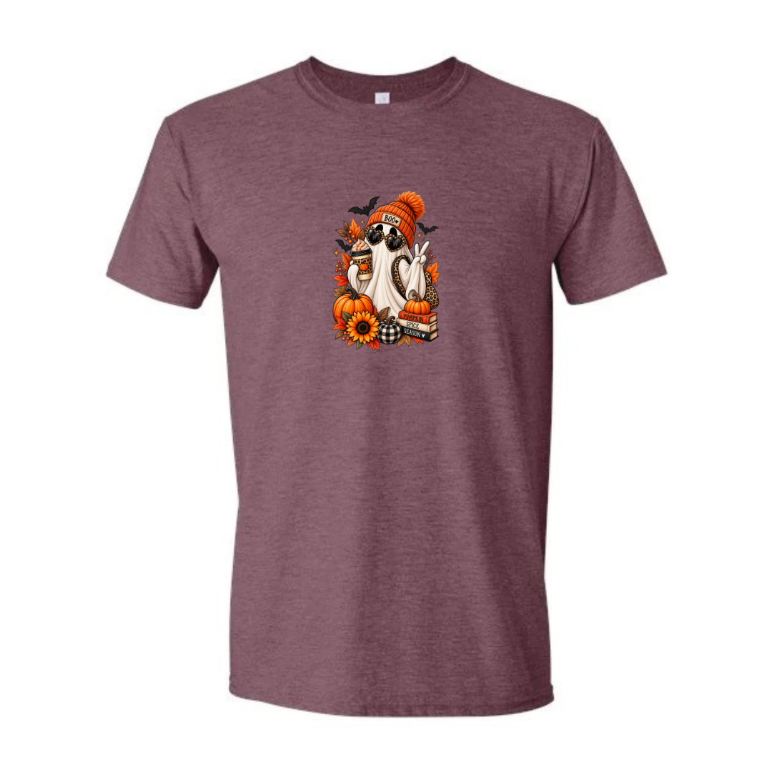 Pumpkin Spice Season Ghost design on maroon Softstyle tee