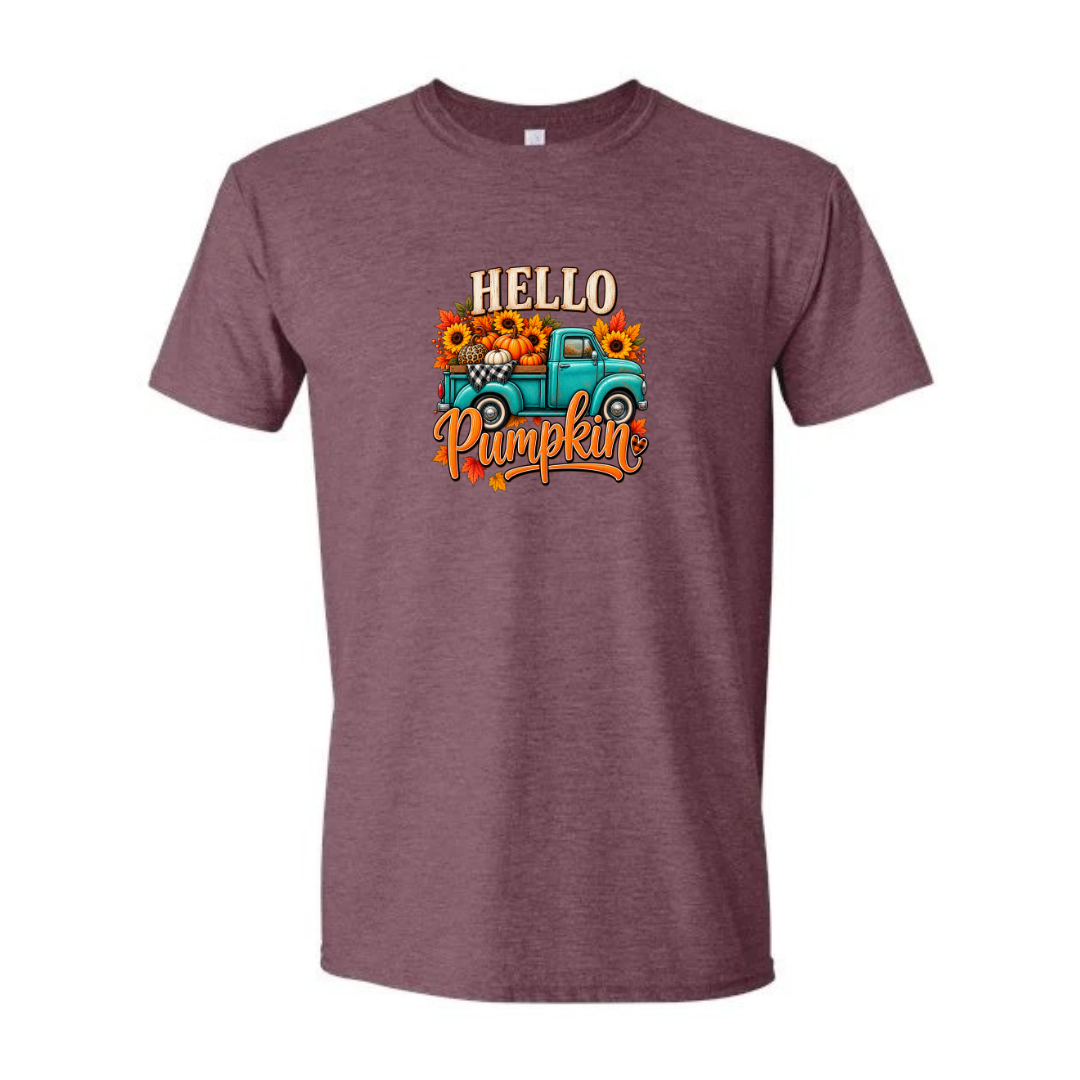 Hello Pumpkin Truck design on maroon Softstyle tee